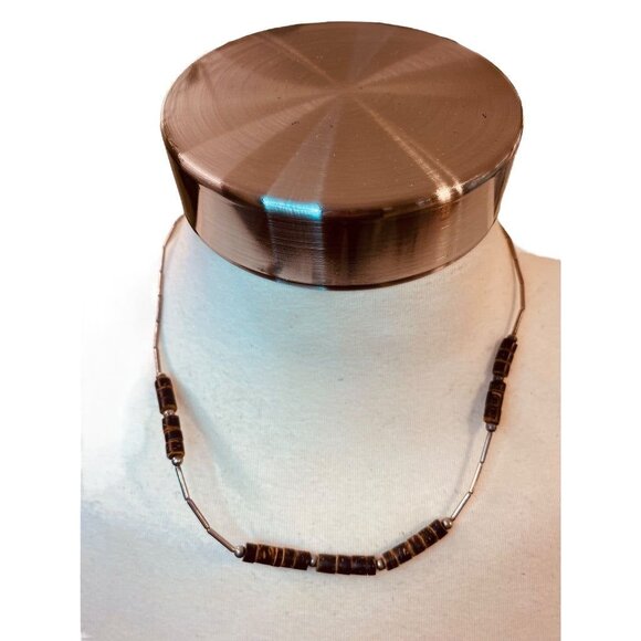 Vintage Silvertone Bead Brown Necklace 18" Barrel Clasp Screw Closure - Picture 5 of 13